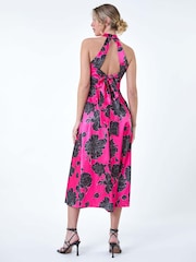 Dusk Pink Floral Satin Look Halterneck Midi Dress - Image 3 of 5