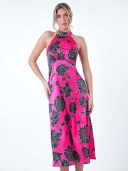 Dusk Pink Floral Satin Look Halterneck Midi Dress - Image 4 of 5