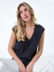 Dusk Black Pleat Detail 100% Cotton Top - Image 1 of 5
