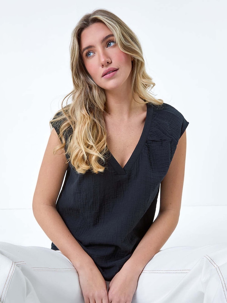 Dusk Black Pleat Detail 100% Cotton Top - Image 1 of 5