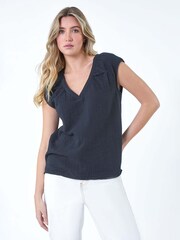Dusk Black Pleat Detail 100% Cotton Top - Image 4 of 5