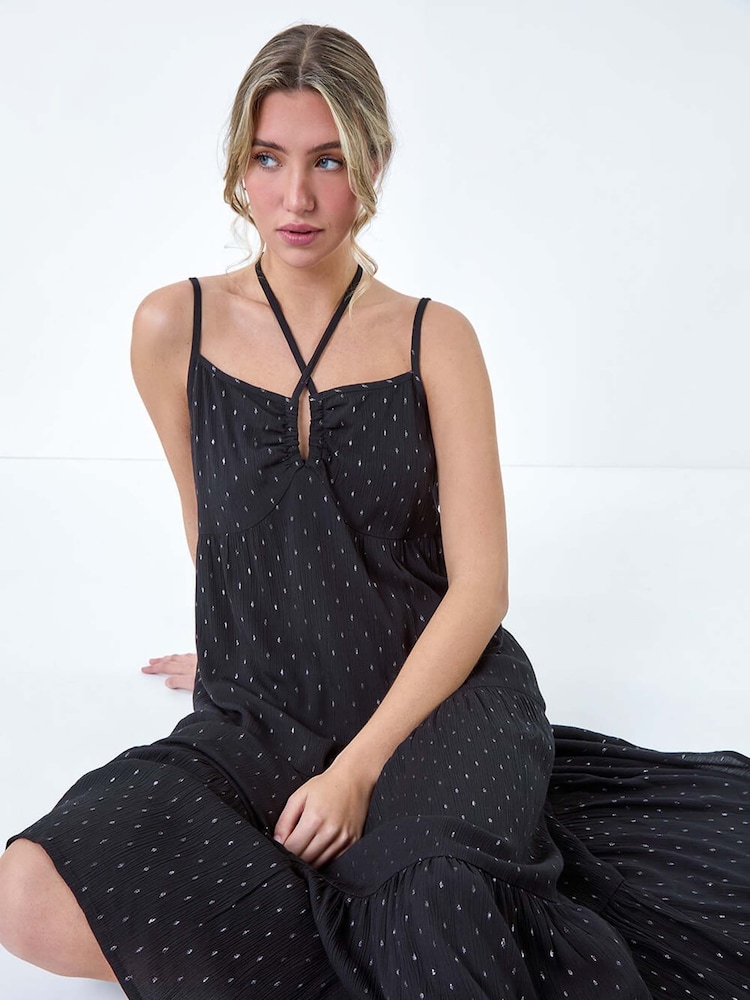 Dusk Black Foil Spot Strappy Cross Over Midi Dress - Image 1 of 5