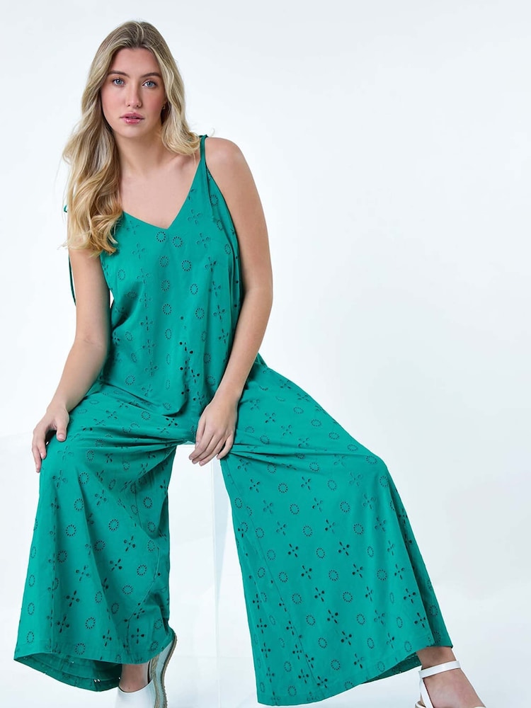 Dusk Blue 100% Cotton Broderie Pocket Wide Leg Jumpsuit - Image 1 of 5