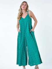 Dusk Blue 100% Cotton Broderie Pocket Wide Leg Jumpsuit - Image 2 of 5