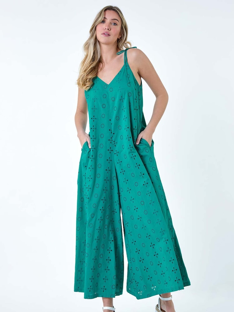 Dusk Blue 100% Cotton Broderie Pocket Wide Leg Jumpsuit - Image 2 of 5