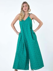 Dusk Blue 100% Cotton Broderie Pocket Wide Leg Jumpsuit - Image 4 of 5