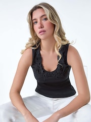 Dusk Black Floral Lace Trim Stretch Vest Top - Image 1 of 5