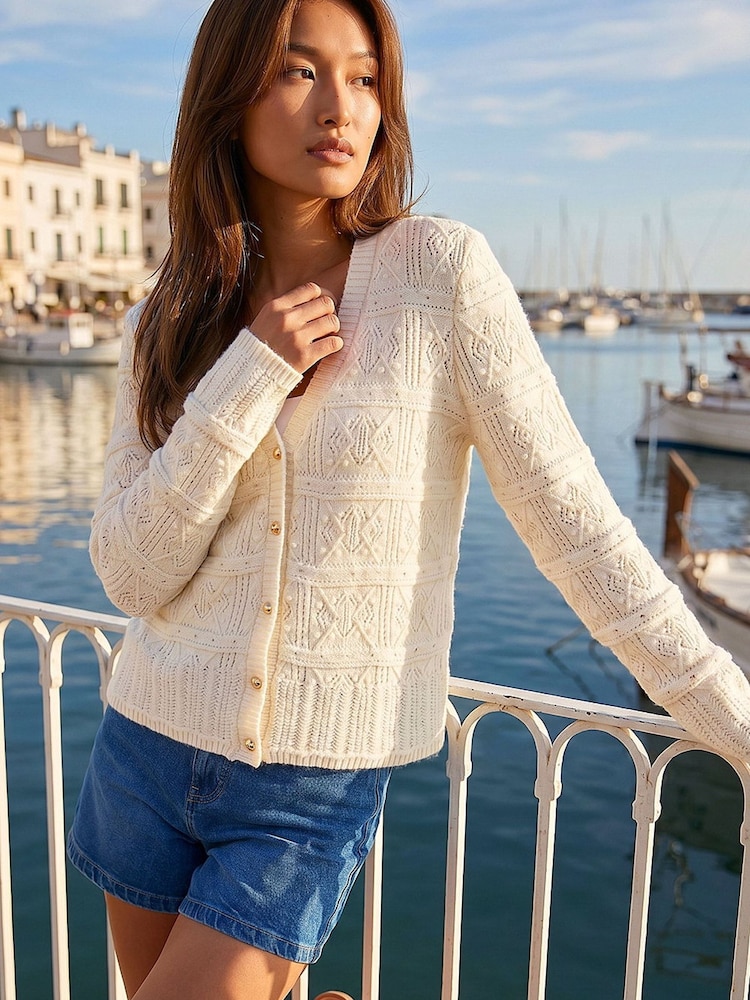 Roman White Pointelle Cardigan - Image 1 of 4 Roman White Pointelle Cardigan - Image 1 of 4