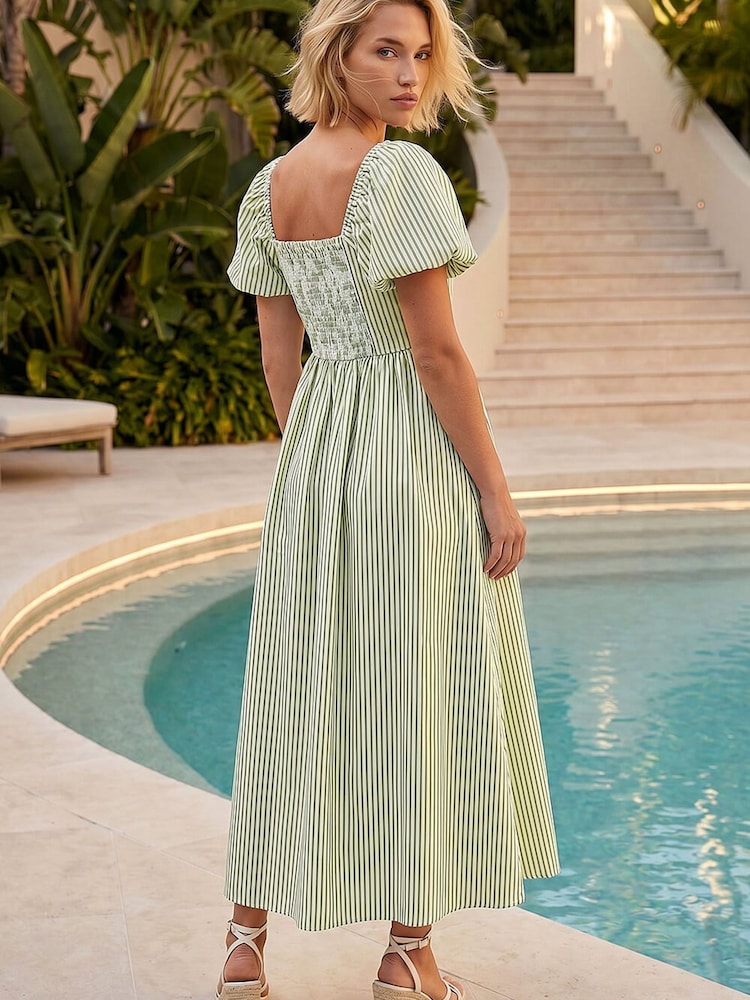 Roman Green Stripe Puff Sleeve Midi Dress - Image 2 of 4 Roman Green Stripe Puff Sleeve Midi Dress - Image 2 of 4