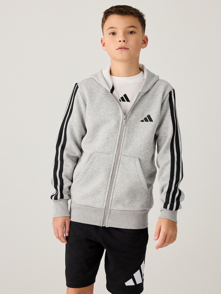 adidas Grey 3 Stripe Fleece Full Zip Hoodie - Image 1 of 9