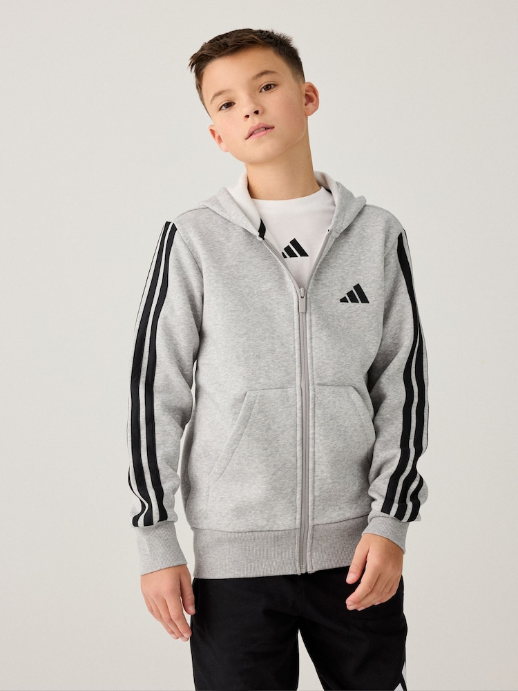 adidas Grey 3 Stripe Fleece Full Zip Hoodie - Image 2 of 9