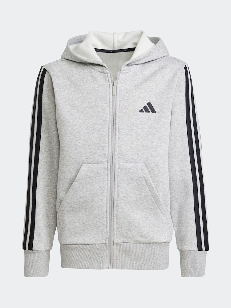adidas Grey 3 Stripe Fleece Full Zip Hoodie - Image 9 of 9