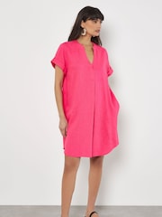 Apricot Pink Front Pleat V-Neck Mix Dress - Image 1 of 4