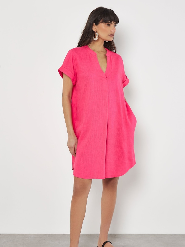 Apricot Pink Front Pleat V-Neck Mix Dress - Image 1 of 4