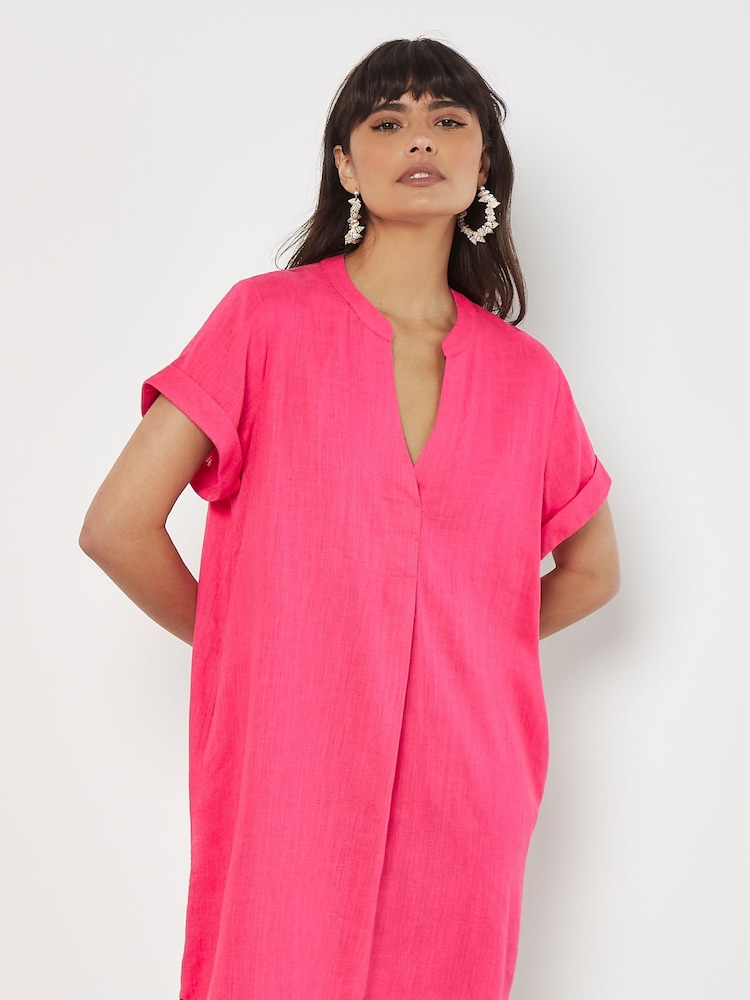 Apricot Pink Front Pleat V-Neck Mix Dress - Image 2 of 4