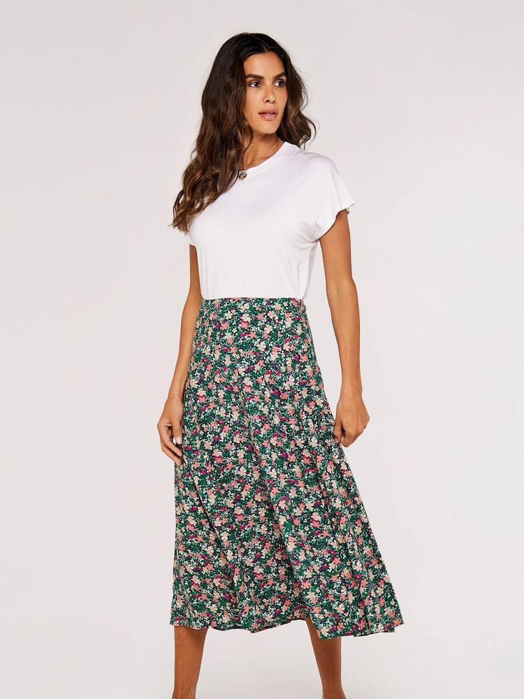 Apricot Green Printed Midi Skirt - Image 1 of 5 Apricot Green Printed Midi Skirt - Image 1 of 5