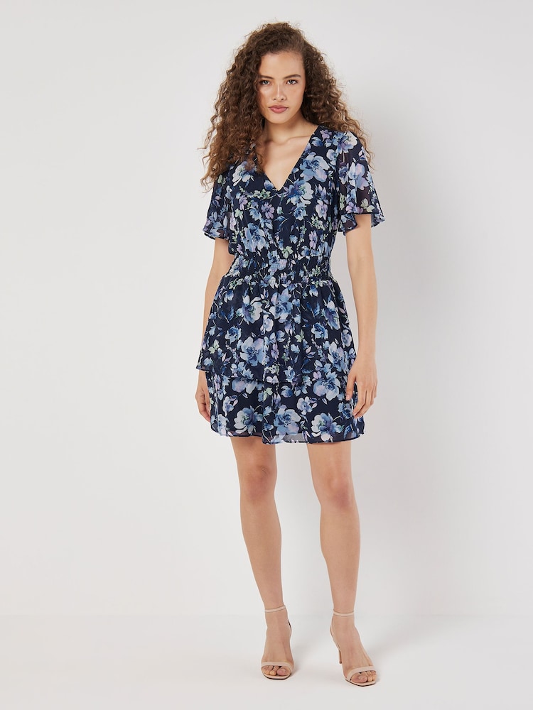 Apricot Blue Watercolour Blooms Mini Dress - Image 1 of 5 Apricot Blue Watercolour Blooms Mini Dress - Image 1 of 5