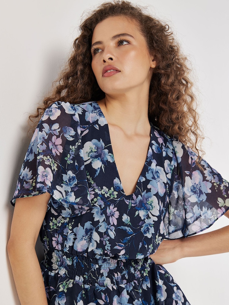 Apricot Blue Watercolour Blooms Mini Dress - Image 2 of 5 Apricot Blue Watercolour Blooms Mini Dress - Image 2 of 5