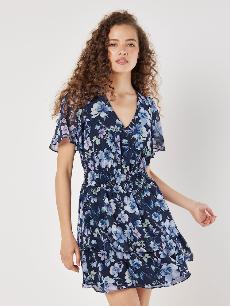 Apricot Blue Watercolour Blooms Mini Dress - Image 5 of 5 Apricot Blue Watercolour Blooms Mini Dress - Image 5 of 5