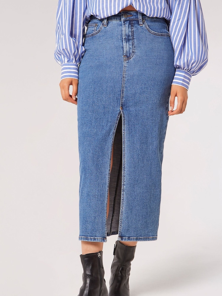 Apricot Blue Split front Denim Midi Skirt - Image 1 of 5 Apricot Blue Split front Denim Midi Skirt - Image 1 of 5