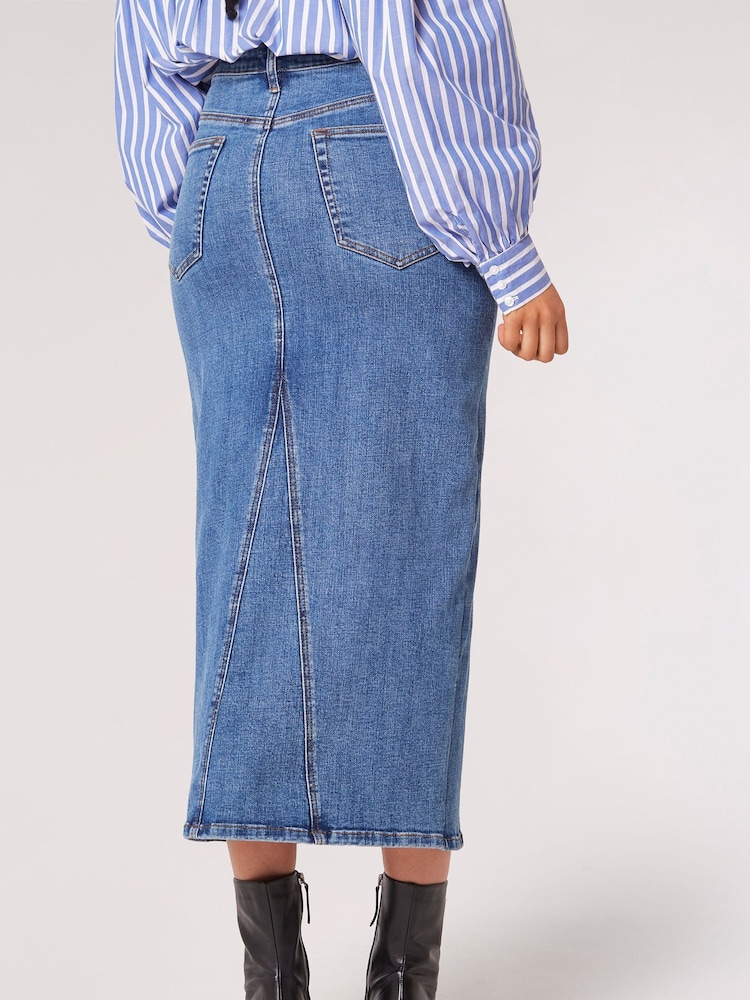 Apricot Blue Split front Denim Midi Skirt - Image 2 of 5 Apricot Blue Split front Denim Midi Skirt - Image 2 of 5
