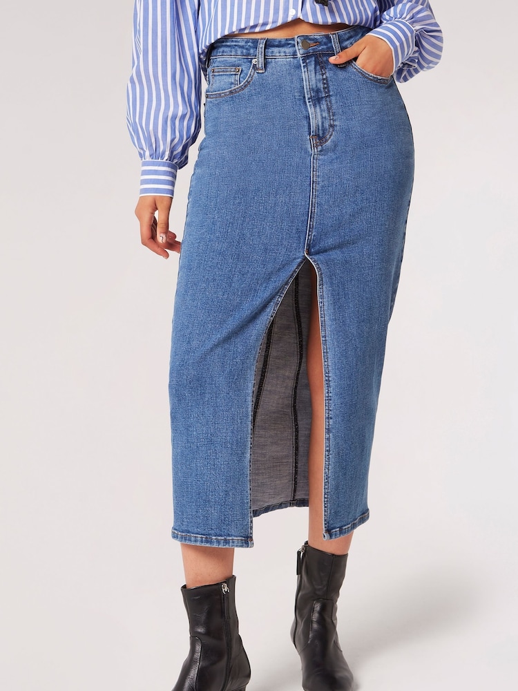 Apricot Blue Split front Denim Midi Skirt - Image 5 of 5 Apricot Blue Split front Denim Midi Skirt - Image 5 of 5