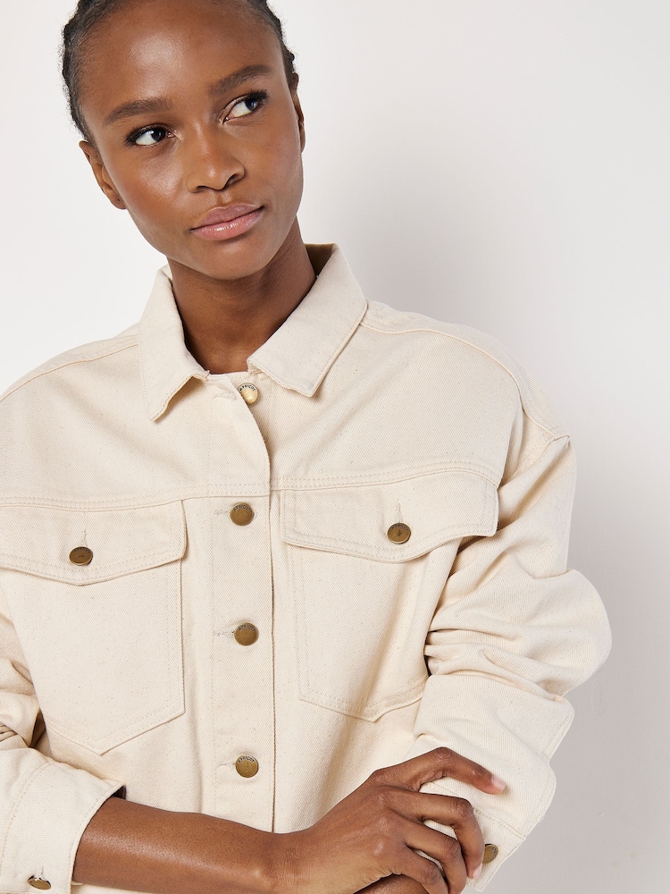 Apricot Cream 100% Cotton Boxy Bianca Denim Trucker Jacket - Image 1 of 5 Apricot Cream 100% Cotton Boxy Bianca Denim Trucker Jacket - Image 1 of 5
