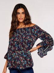 Apricot Blue Colourful Ditsy Spray Bardot Top - Image 1 of 4