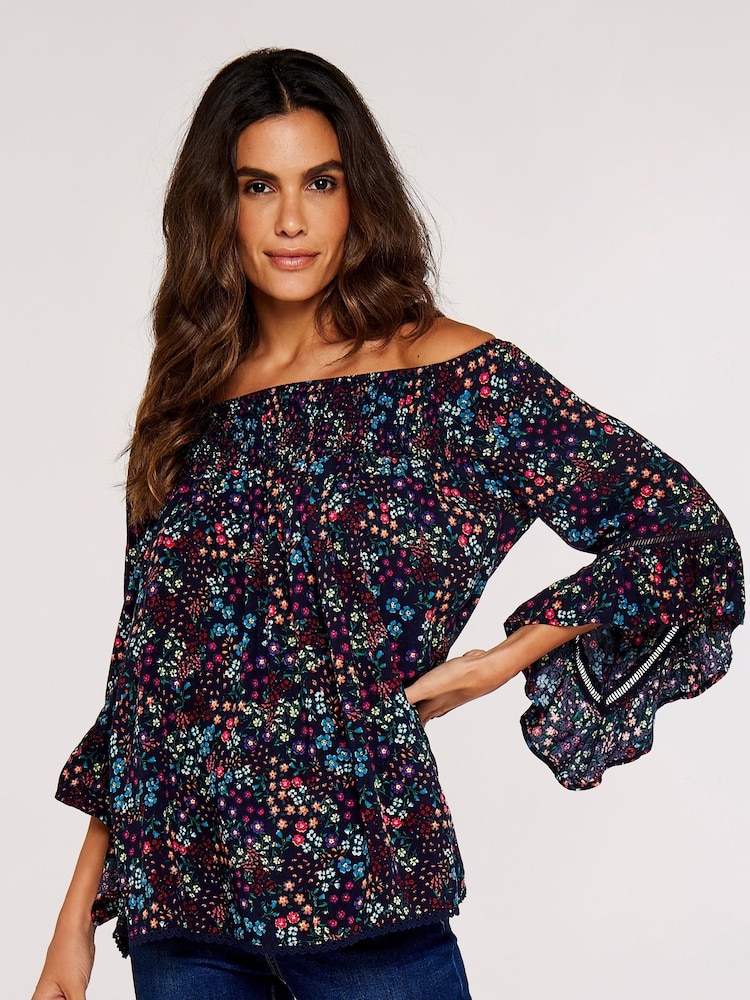 Apricot Blue Colourful Ditsy Spray Bardot Top - Image 1 of 4 Apricot Blue Colourful Ditsy Spray Bardot Top - Image 1 of 4
