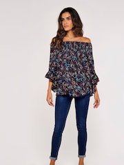 Apricot Blue Colourful Ditsy Spray Bardot Top - Image 2 of 4