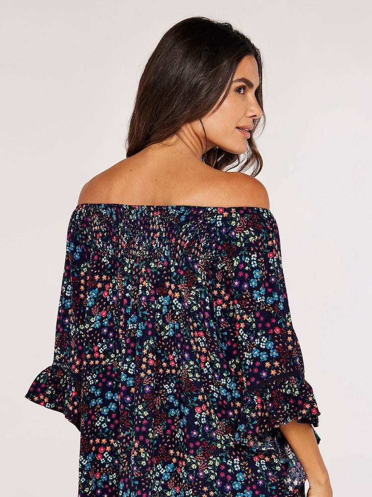 Apricot Blue Colourful Ditsy Spray Bardot Top - Image 4 of 4