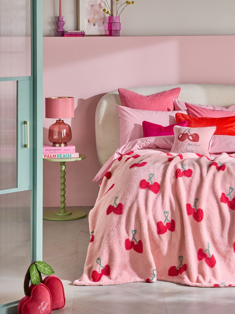 Pink Cherries Borg Fleece Throw - Image 1 of 6