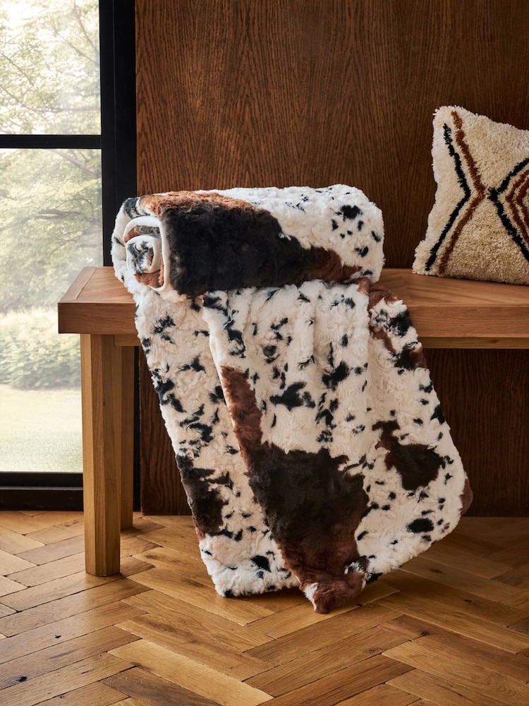 Natural Faux Fur Cow Print Throw - Image 2 of 6
