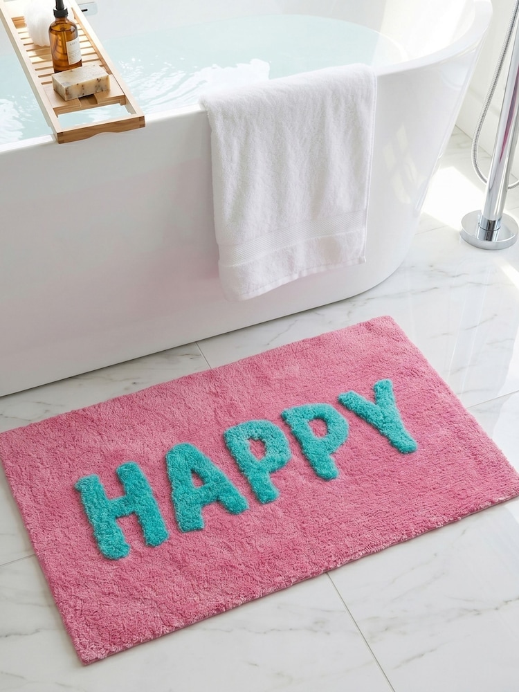 Mooky Mats Pink Happy Slogan Bath Mat - Image 1 of 3 Mooky Mats Pink Happy Slogan Bath Mat - Image 1 of 3