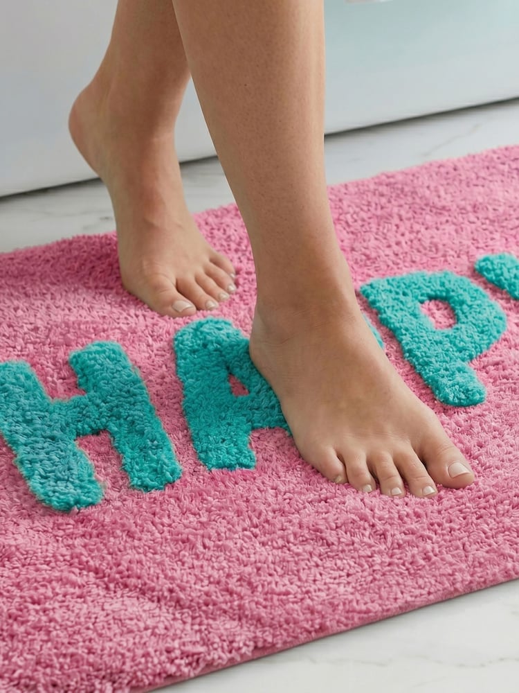 Mooky Mats Pink Happy Slogan Bath Mat - Image 2 of 3 Mooky Mats Pink Happy Slogan Bath Mat - Image 2 of 3
