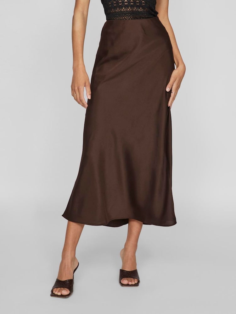 VILA Brown High Waisted Satin Midi Skirt - Image 1 of 4 VILA Brown High Waisted Satin Midi Skirt - Image 1 of 4