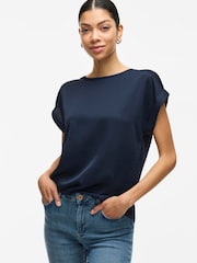 VILA Blue Short Sleeve Satin and Jersey Top - Image 1 of 4