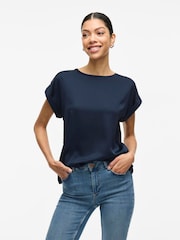 VILA Blue Short Sleeve Satin and Jersey Top - Image 2 of 4