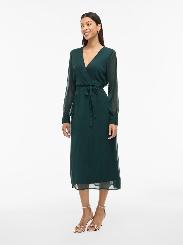 VILA Green V-Neck Long Sleeve Midi Dress - Image 1 of 4 VILA Green V-Neck Long Sleeve Midi Dress - Image 1 of 4
