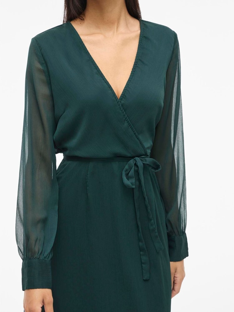 VILA Green V-Neck Long Sleeve Midi Dress - Image 2 of 4 VILA Green V-Neck Long Sleeve Midi Dress - Image 2 of 4