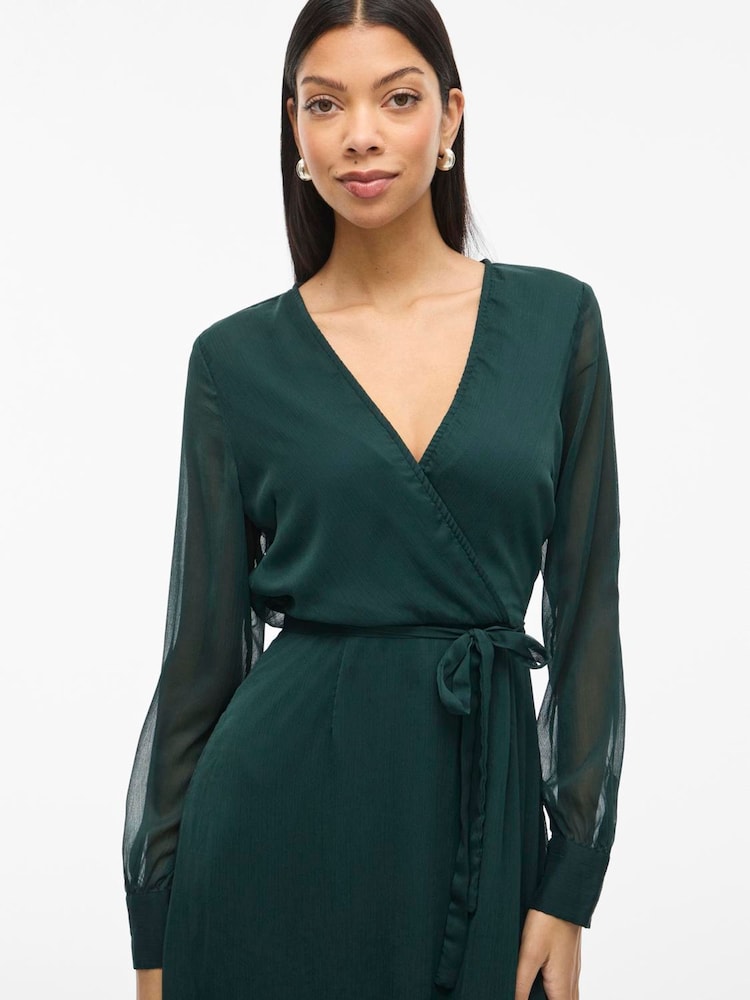 vila green dress Vila Long Sleeve V-Neck Midi Dress in dark Green