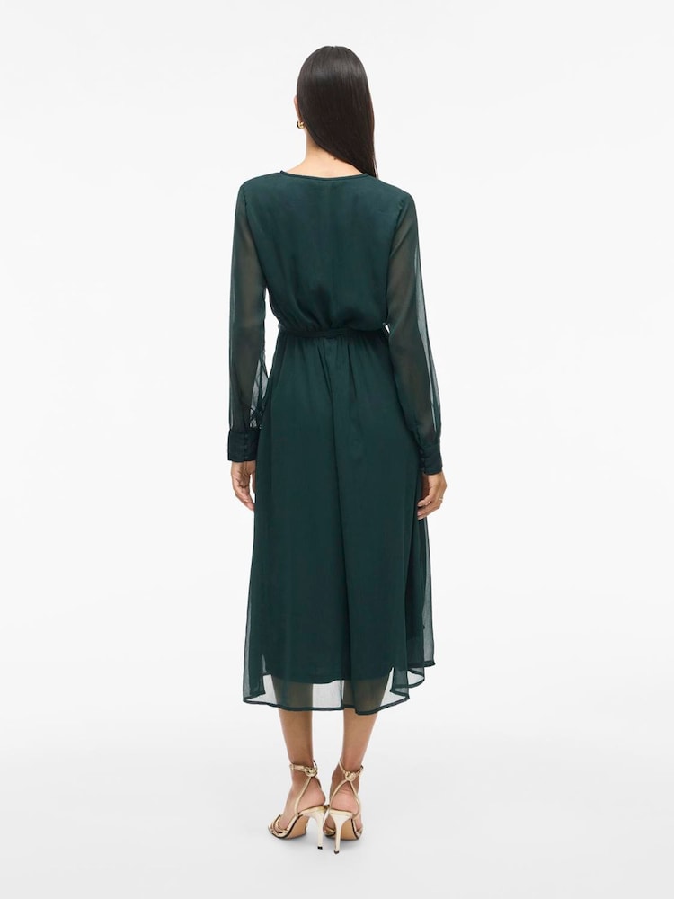 VILA Green V-Neck Long Sleeve Midi Dress - Image 4 of 4 VILA Green V-Neck Long Sleeve Midi Dress - Image 4 of 4
