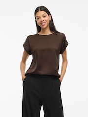 VILA Brown Short Sleeve Satin and Jersey Top - Image 1 of 4