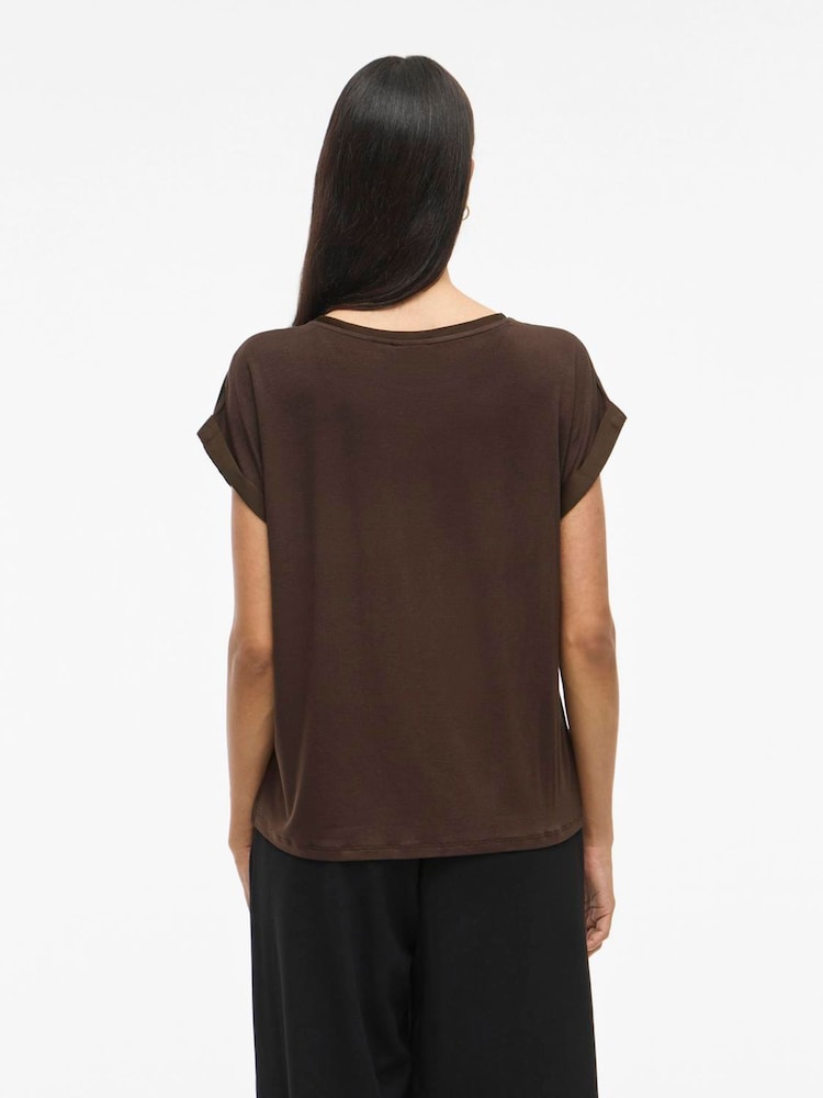 VILA Brown Short Sleeve Satin and Jersey Top - Image 2 of 4 VILA Brown Short Sleeve Satin and Jersey Top - Image 2 of 4