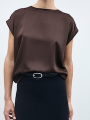 VILA Brown Short Sleeve Satin and Jersey Top - Image 3 of 4
