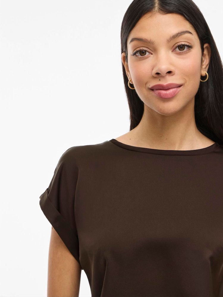 VILA Brown Short Sleeve Satin and Jersey Top - Image 4 of 4 VILA Brown Short Sleeve Satin and Jersey Top - Image 4 of 4