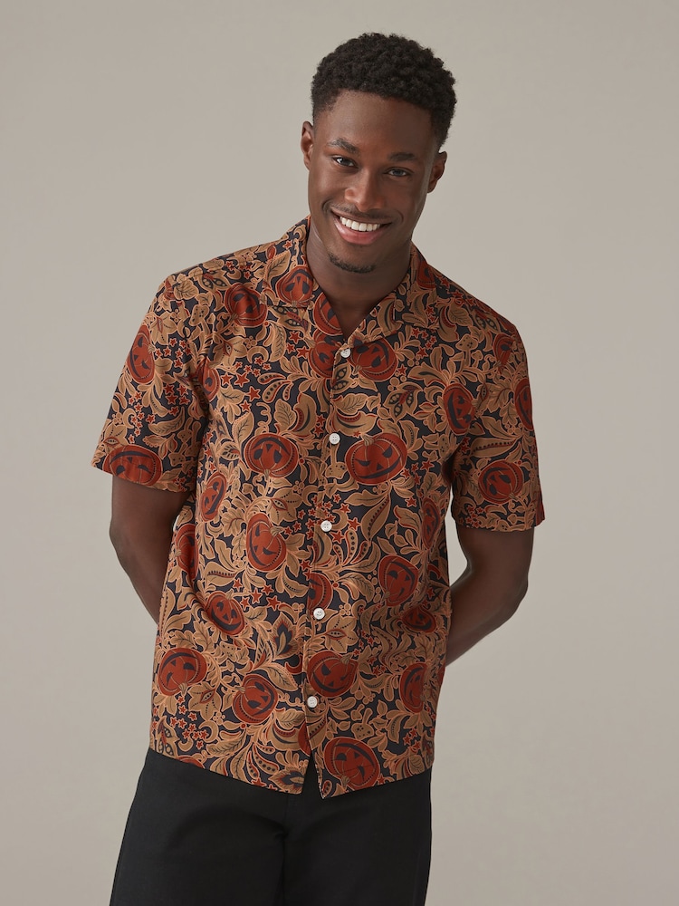 Orange Halloween Printed Short Sleeve Shirt with Cuban Collar - Image 1 of 8