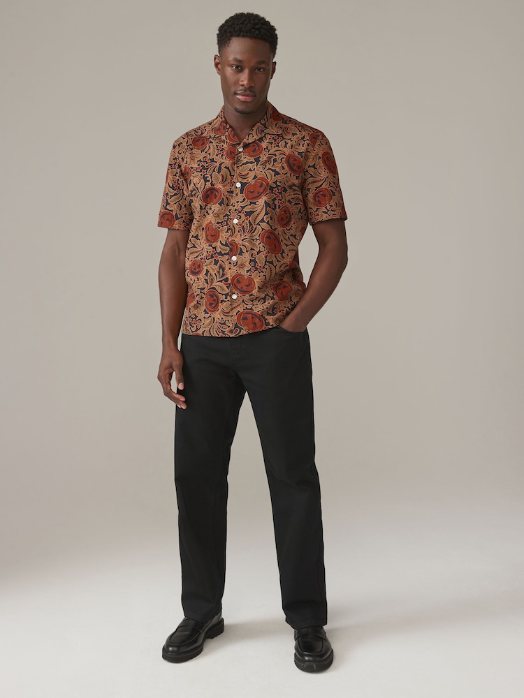 Orange Halloween Printed Short Sleeve Shirt with Cuban Collar - Image 2 of 8
