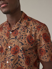 Orange Halloween Printed Short Sleeve Shirt with Cuban Collar - Image 4 of 8