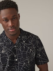 Black/White Halloween Printed Short Sleeve Shirt with Cuban Collar - Image 1 of 8